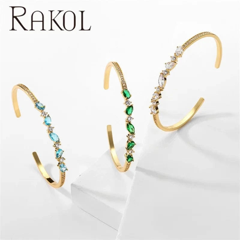 Rakol BP5164 Luxury Lady Jewelry Real 18k Gold Plated Emerald Gemstone Cuff Bangles For Women