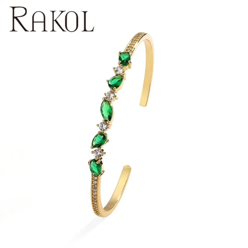 Rakol BP5164 Luxury Lady Jewelry Real 18k Gold Plated Emerald Gemstone Cuff Bangles For Women