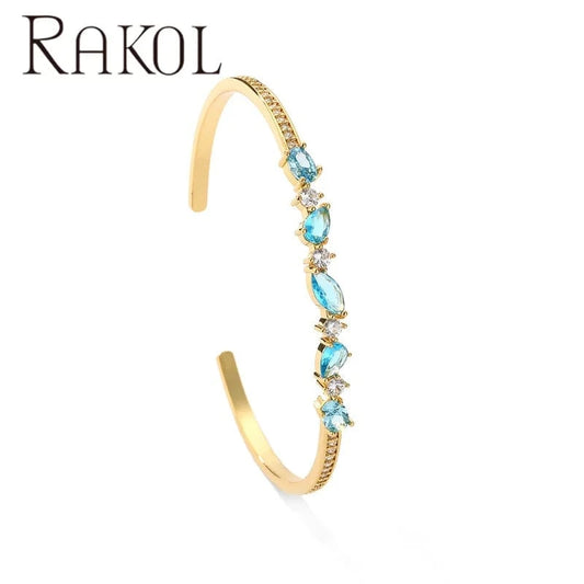 Rakol BP5164 Luxury Lady Jewelry Real 18k Gold Plated Emerald Gemstone Cuff Bangles For Women
