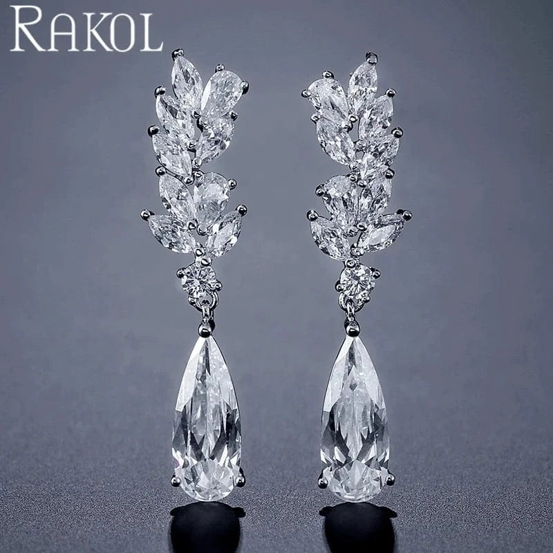 RAKOL EP050L Women Fine Jewelry Teardrop Dangle Earrings 925 Sterling Silver Earrings Crystal  Wedding Bridal Earrings Jewelry