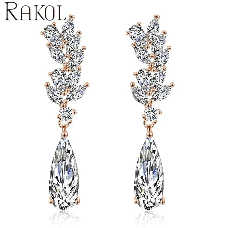 RAKOL EP050L Women Fine Jewelry Teardrop Dangle Earrings 925 Sterling Silver Earrings Crystal  Wedding Bridal Earrings Jewelry