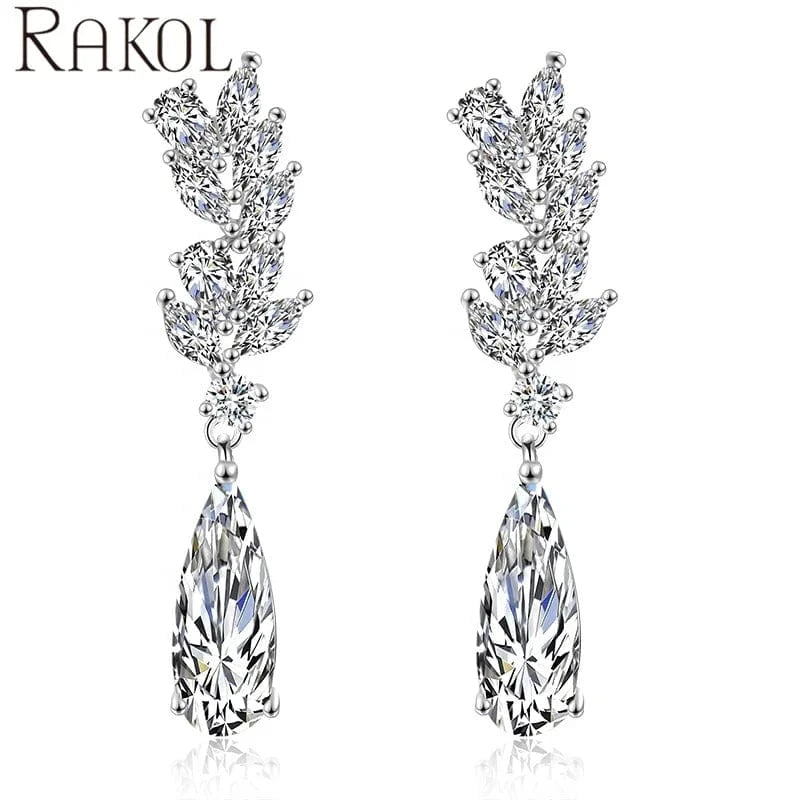 RAKOL EP050L Women Fine Jewelry Teardrop Dangle Earrings 925 Sterling Silver Earrings Crystal  Wedding Bridal Earrings Jewelry