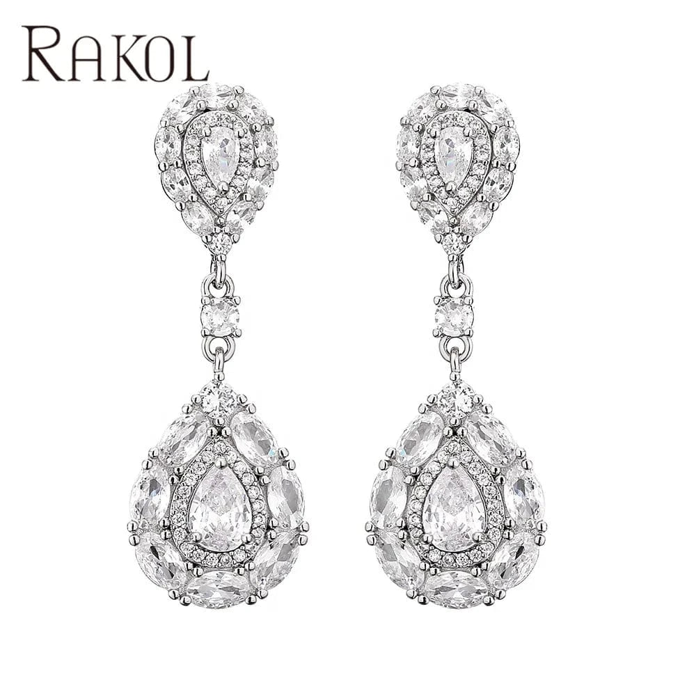 RAKOL EP1017 Fine Jewelry New Design Earrings  925 Silver Crystal Dangle Earrings Wedding Bridal Diamond Jewelry Earrings Women