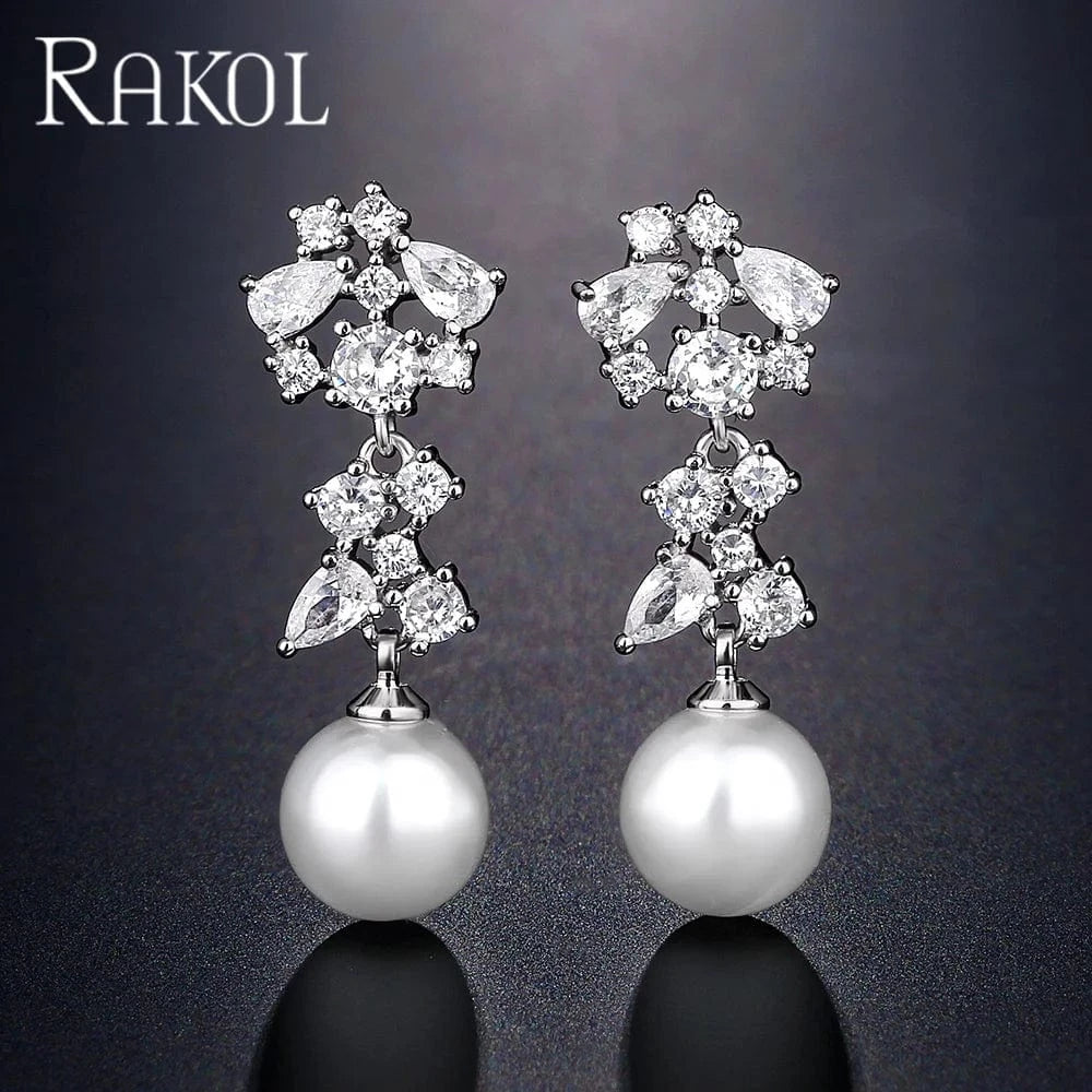 RAKOL EP1067 2022 ladies wedding freshwater pearl long drop earrings gold plated zircon crystal party bridal earrings