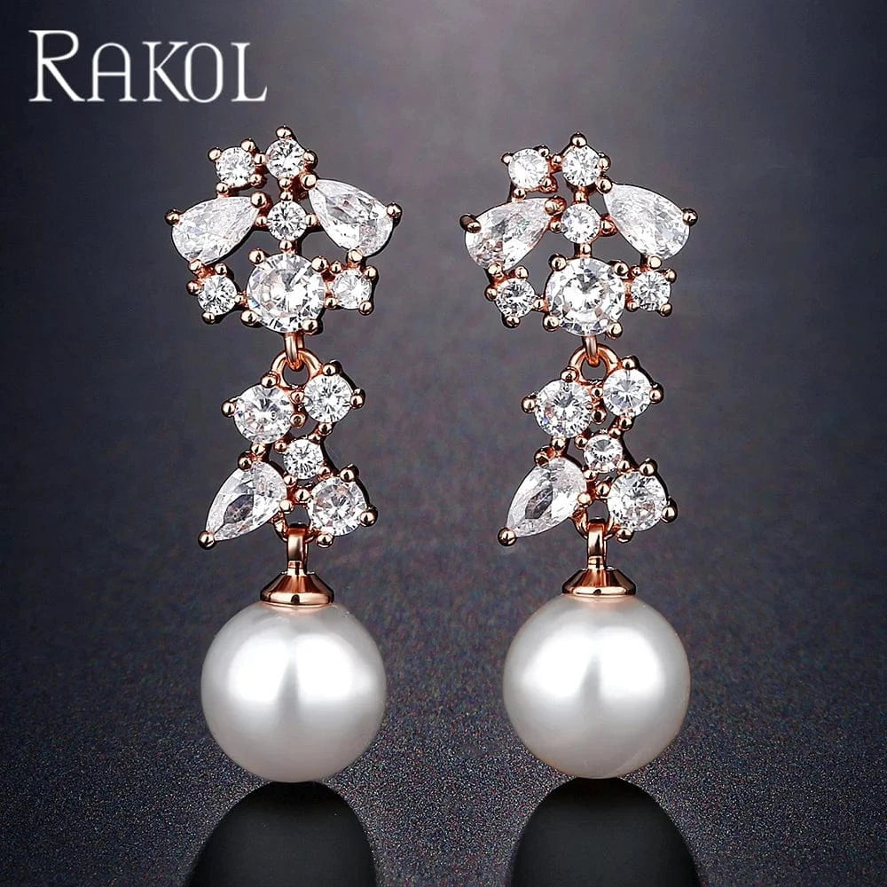 RAKOL EP1067 2022 ladies wedding freshwater pearl long drop earrings gold plated zircon crystal party bridal earrings