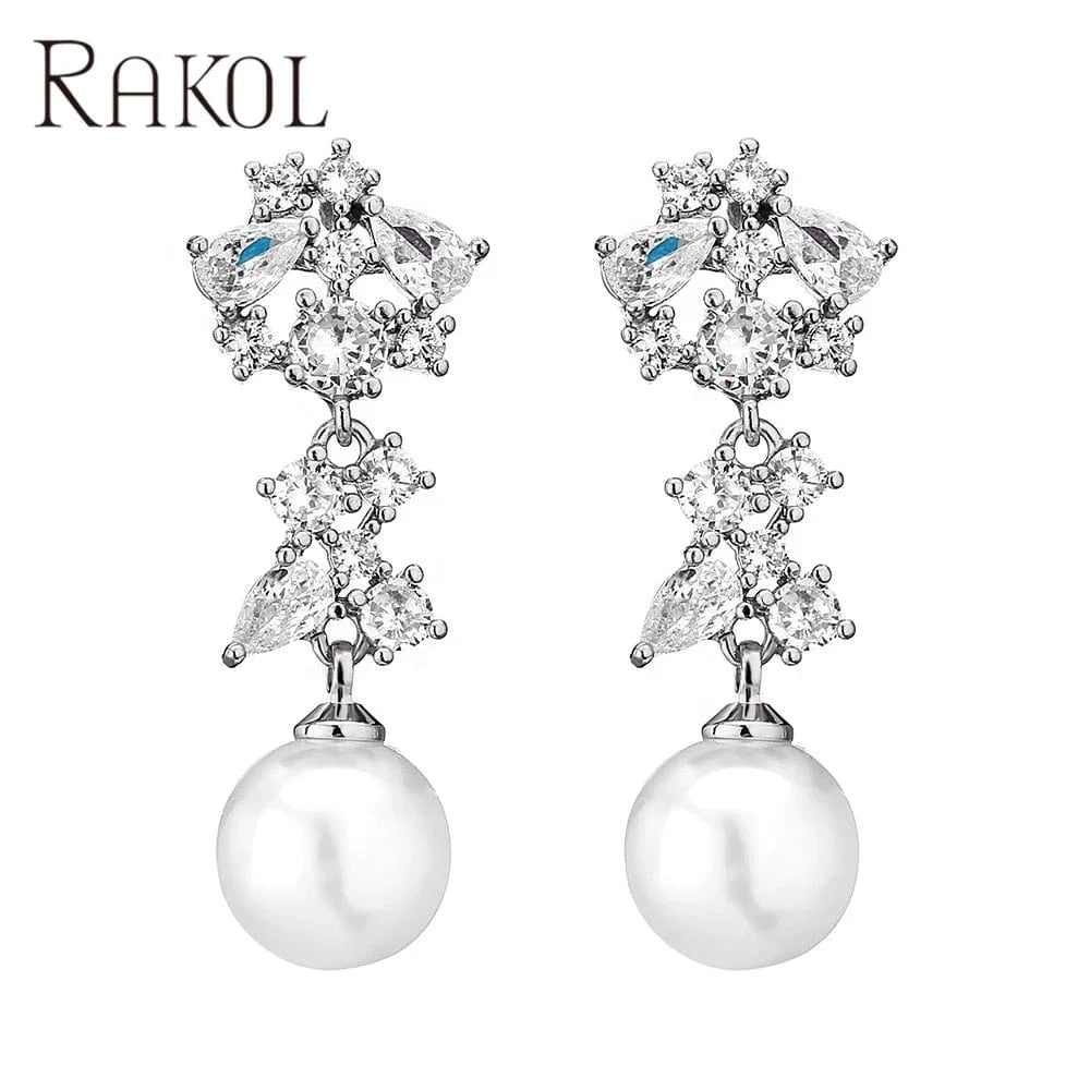 RAKOL EP1067 2022 ladies wedding freshwater pearl long drop earrings gold plated zircon crystal party bridal earrings