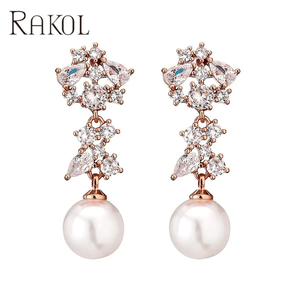 RAKOL EP1067 2022 ladies wedding freshwater pearl long drop earrings gold plated zircon crystal party bridal earrings