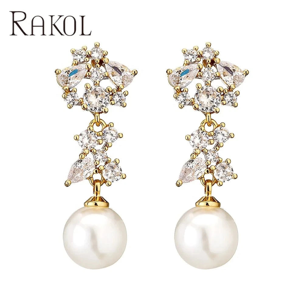 RAKOL EP1067 2022 ladies wedding freshwater pearl long drop earrings gold plated zircon crystal party bridal earrings