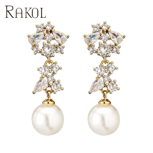 RAKOL EP1067 2022 ladies wedding freshwater pearl long drop earrings gold plated zircon crystal party bridal earrings
