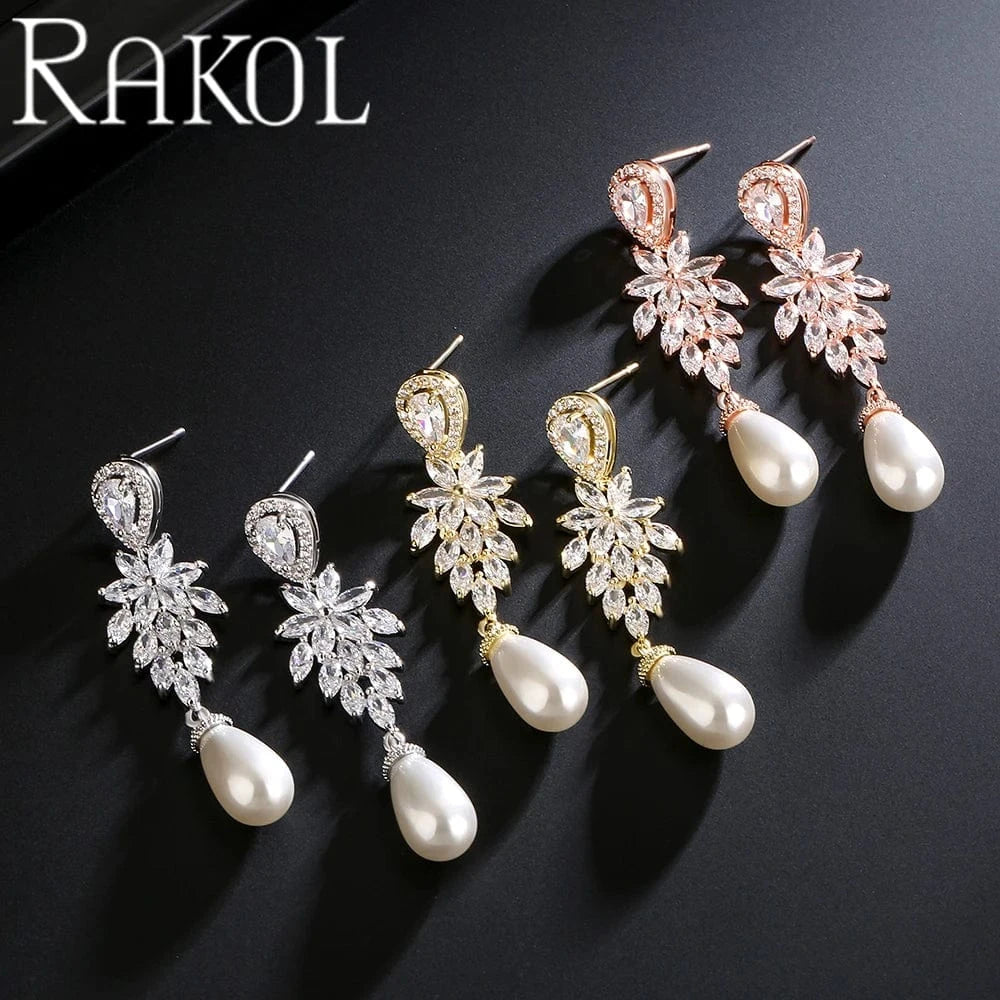RAKOL EP1179 New Arrival Women's Luxury Elegant Earrings Drop Hoop Jewelry Freshwater Pearl Earring Romantic Gift for Girlfriend