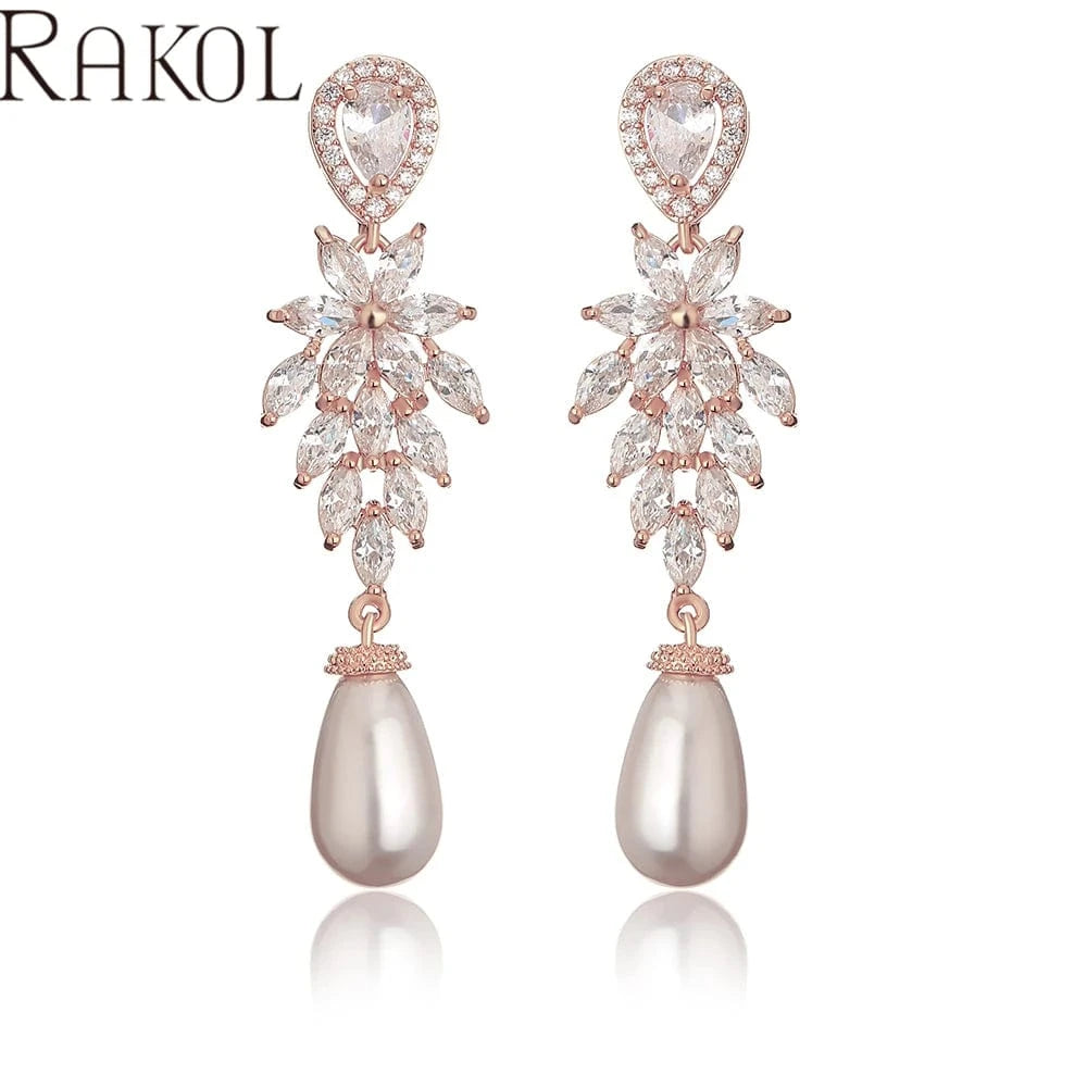 RAKOL EP1179 New Arrival Women's Luxury Elegant Earrings Drop Hoop Jewelry Freshwater Pearl Earring Romantic Gift for Girlfriend