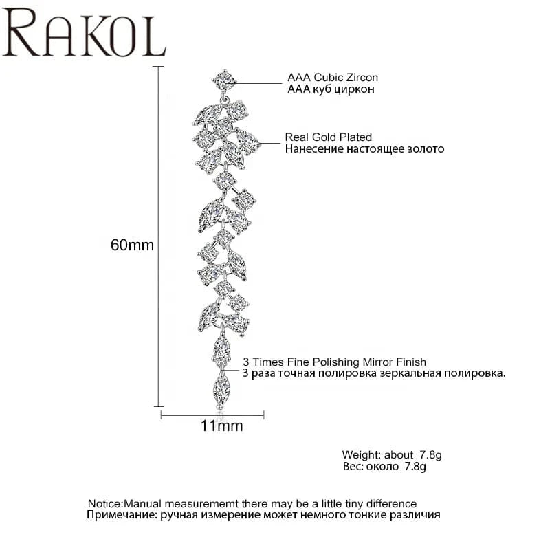 RAKOL EP2232 Luxury Long Drop 18k Gold Plated Cubic Zirconia CZ Wedding Bridal Earrings Jewelry For Women 2023