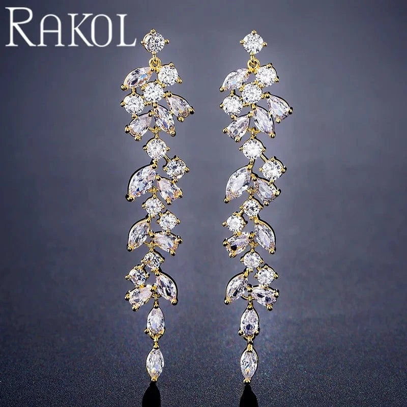 RAKOL EP2232 Luxury Long Drop 18k Gold Plated Cubic Zirconia CZ Wedding Bridal Earrings Jewelry For Women 2023