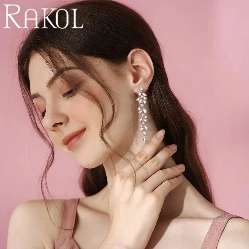 RAKOL EP2232 Luxury Long Drop 18k Gold Plated Cubic Zirconia CZ Wedding Bridal Earrings Jewelry For Women 2023