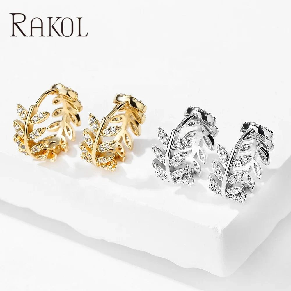 RAKOL EP2418 Wholesale Fashion Jewelry Hoop Earrings Leaf Shaped Cubic Zircon Hoop Earrings Fine Designer Party Wedding Earrings