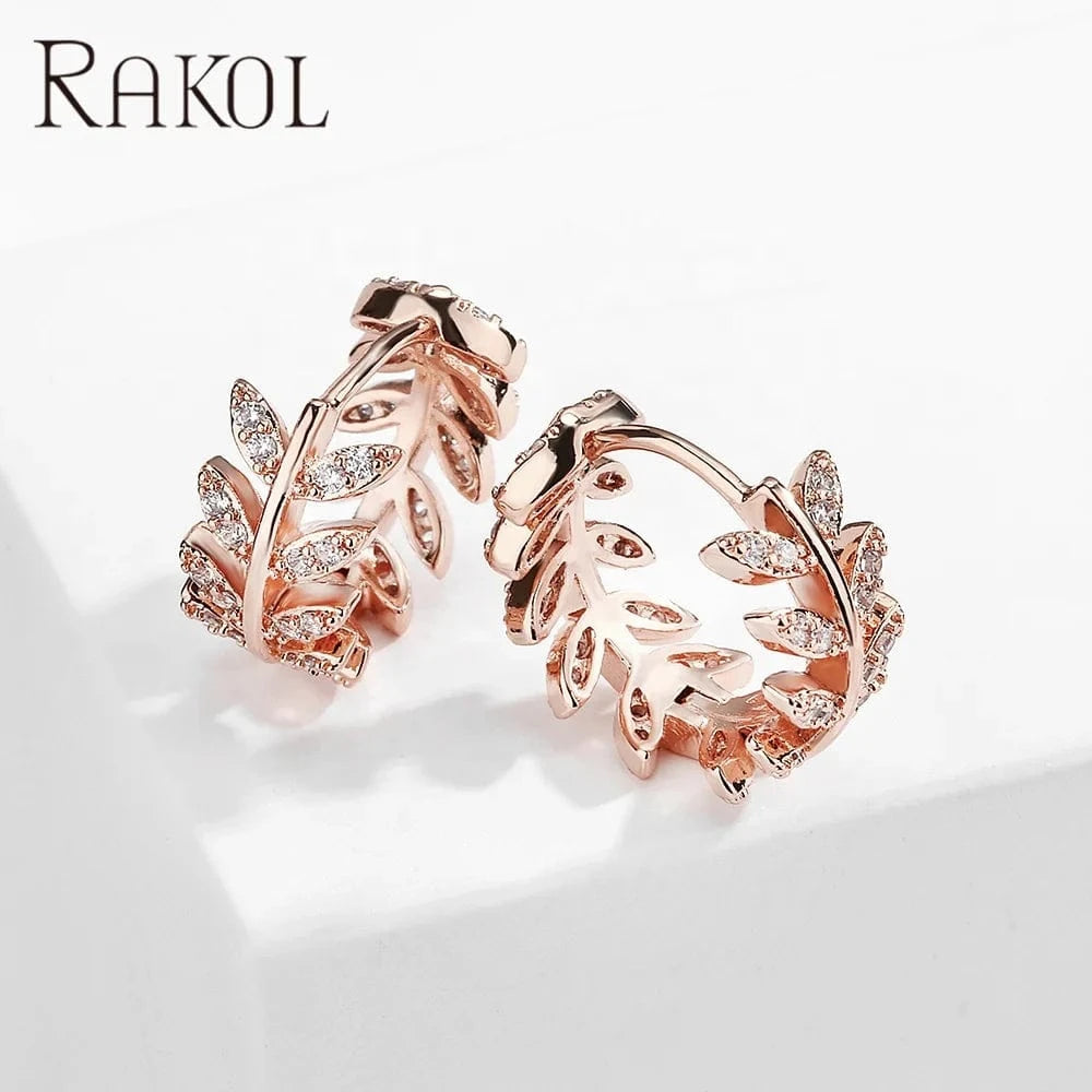 RAKOL EP2418 Wholesale Fashion Jewelry Hoop Earrings Leaf Shaped Cubic Zircon Hoop Earrings Fine Designer Party Wedding Earrings