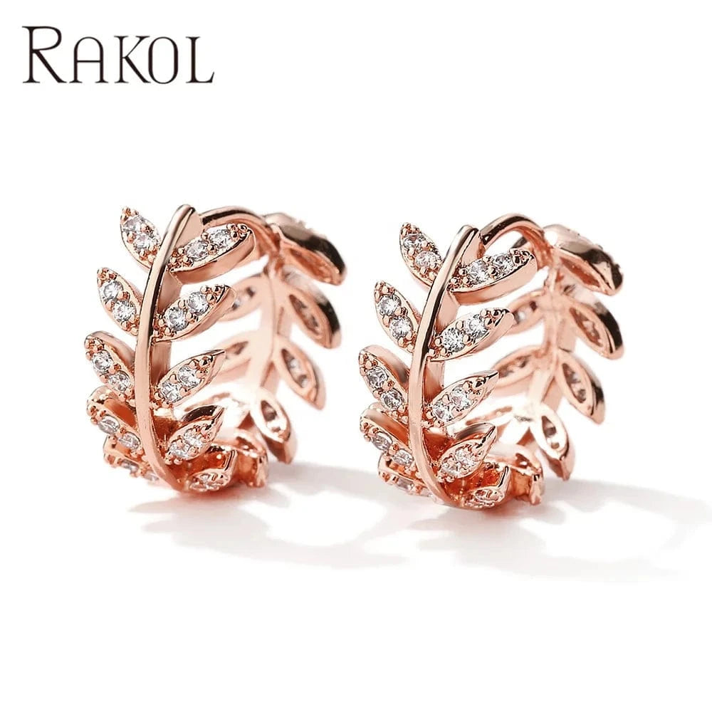 RAKOL EP2418 Wholesale Fashion Jewelry Hoop Earrings Leaf Shaped Cubic Zircon Hoop Earrings Fine Designer Party Wedding Earrings