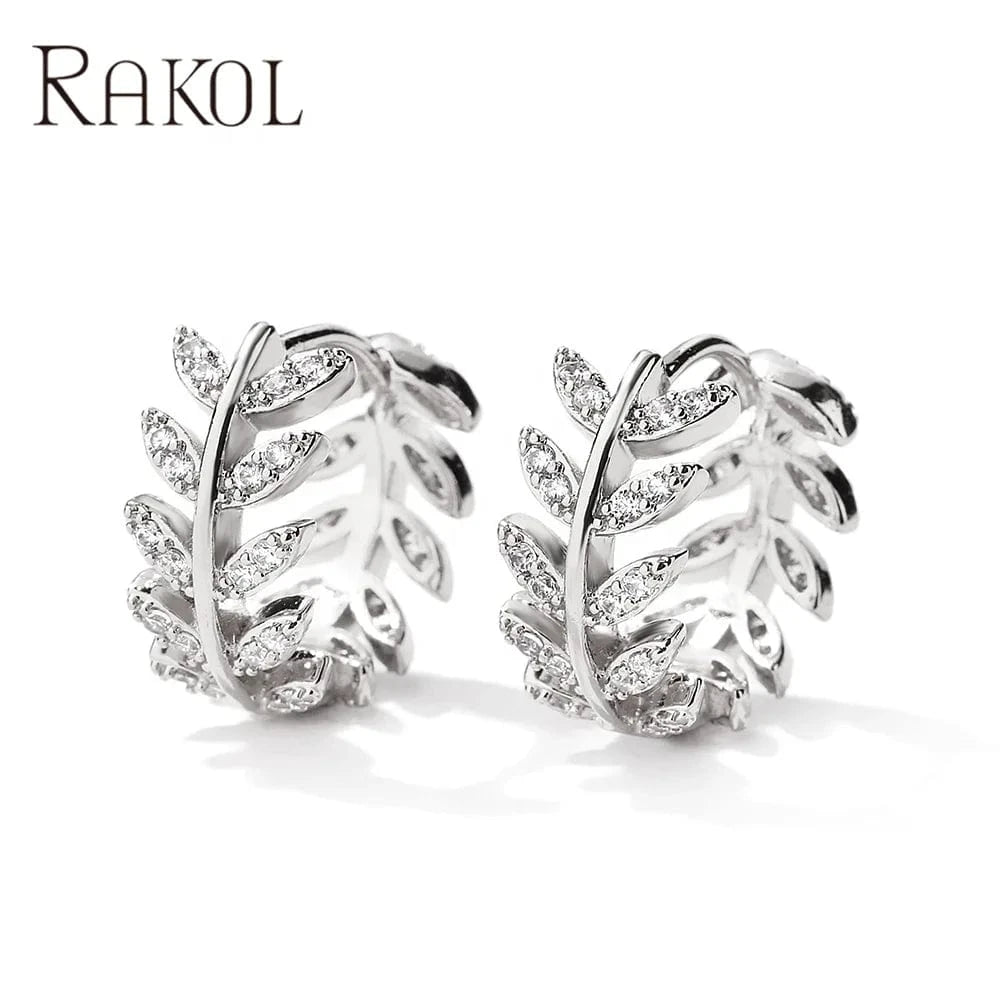 RAKOL EP2418 Wholesale Fashion Jewelry Hoop Earrings Leaf Shaped Cubic Zircon Hoop Earrings Fine Designer Party Wedding Earrings