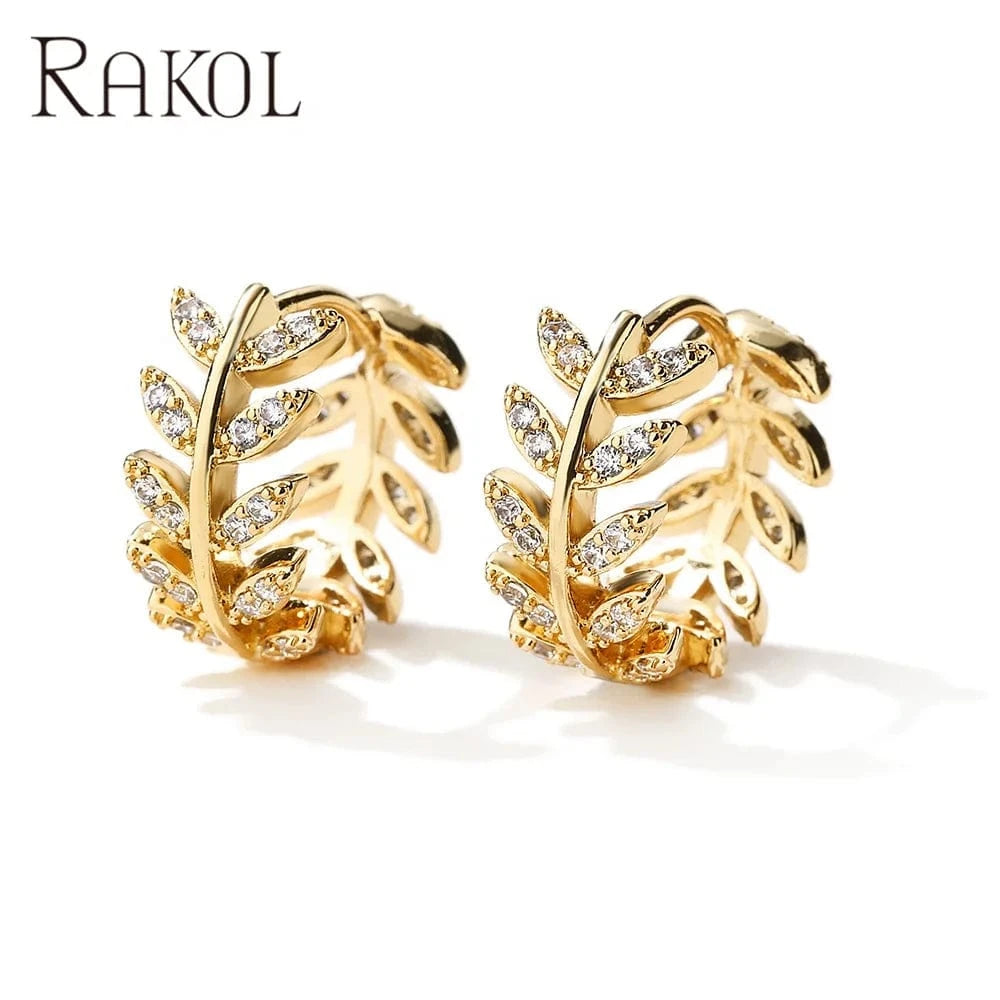 RAKOL EP2418 Wholesale Fashion Jewelry Hoop Earrings Leaf Shaped Cubic Zircon Hoop Earrings Fine Designer Party Wedding Earrings