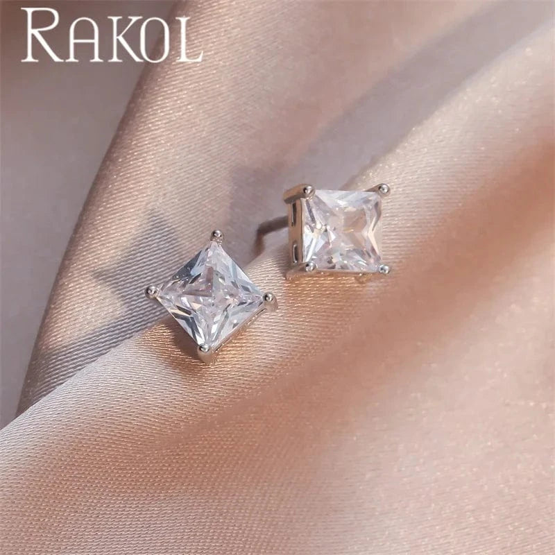 RAKOL EP2547 Trendy Women Simple Cubic Zirconia Druzy 925 silver stud earring square diamond crystal stud earrings jewelry