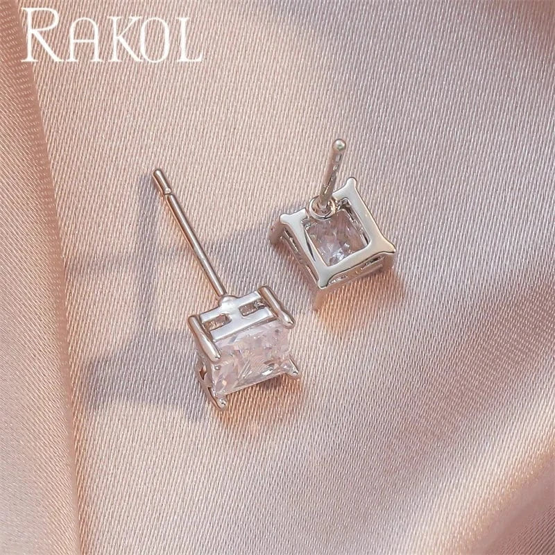 RAKOL EP2547 Trendy Women Simple Cubic Zirconia Druzy 925 silver stud earring square diamond crystal stud earrings jewelry