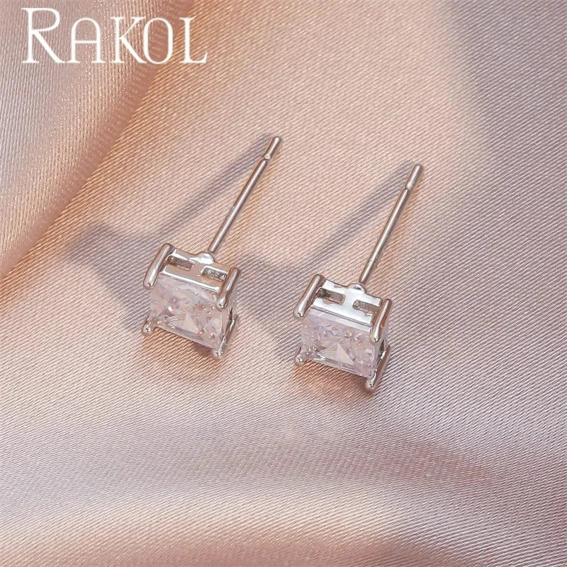 RAKOL EP2547 Trendy Women Simple Cubic Zirconia Druzy 925 silver stud earring square diamond crystal stud earrings jewelry