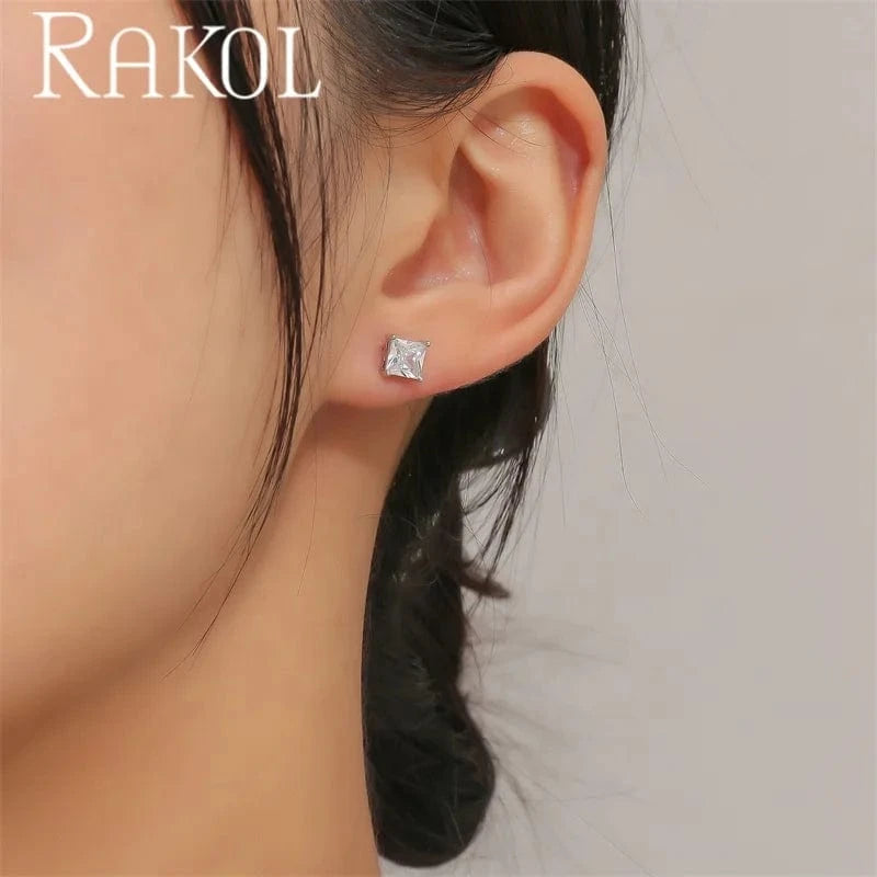 RAKOL EP2547 Trendy Women Simple Cubic Zirconia Druzy 925 silver stud earring square diamond crystal stud earrings jewelry