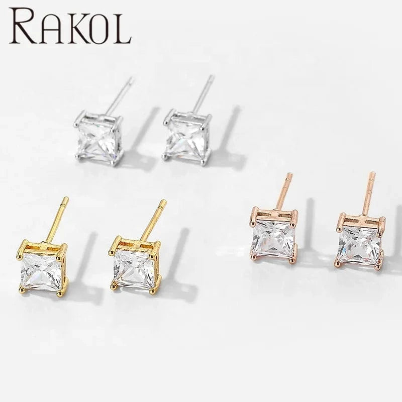 RAKOL EP2547 Trendy Women Simple Cubic Zirconia Druzy 925 silver stud earring square diamond crystal stud earrings jewelry