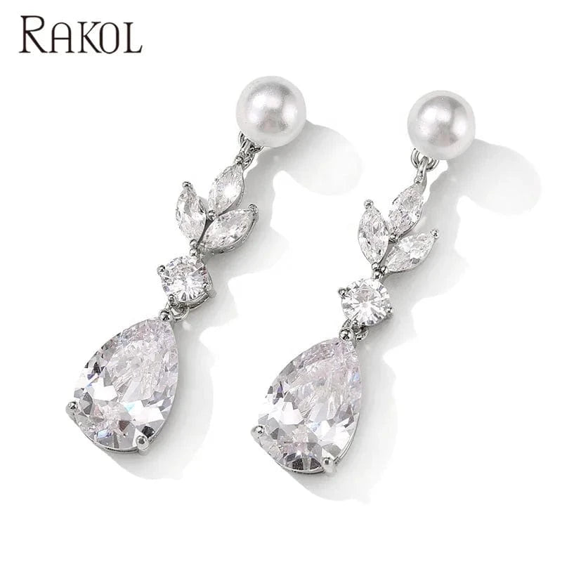 RAKOL EP2724 luxury women's long dangle cubic zirconia pearl studs earrings jewelry women gold plated earrings 18k