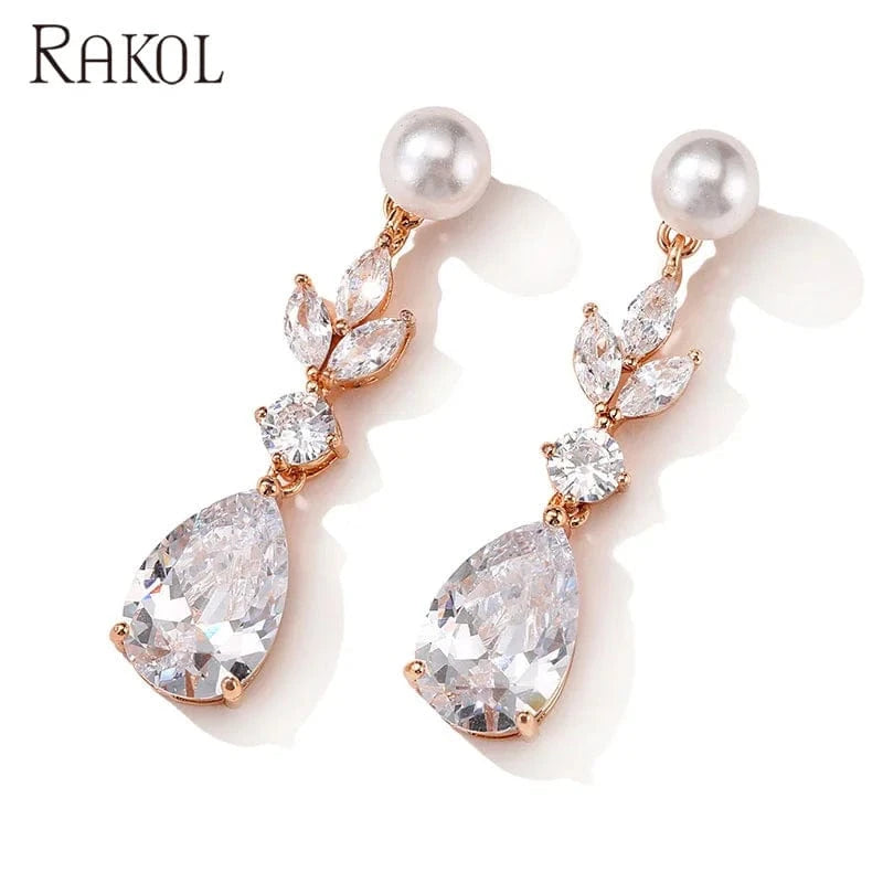 RAKOL EP2724 luxury women's long dangle cubic zirconia pearl studs earrings jewelry women gold plated earrings 18k
