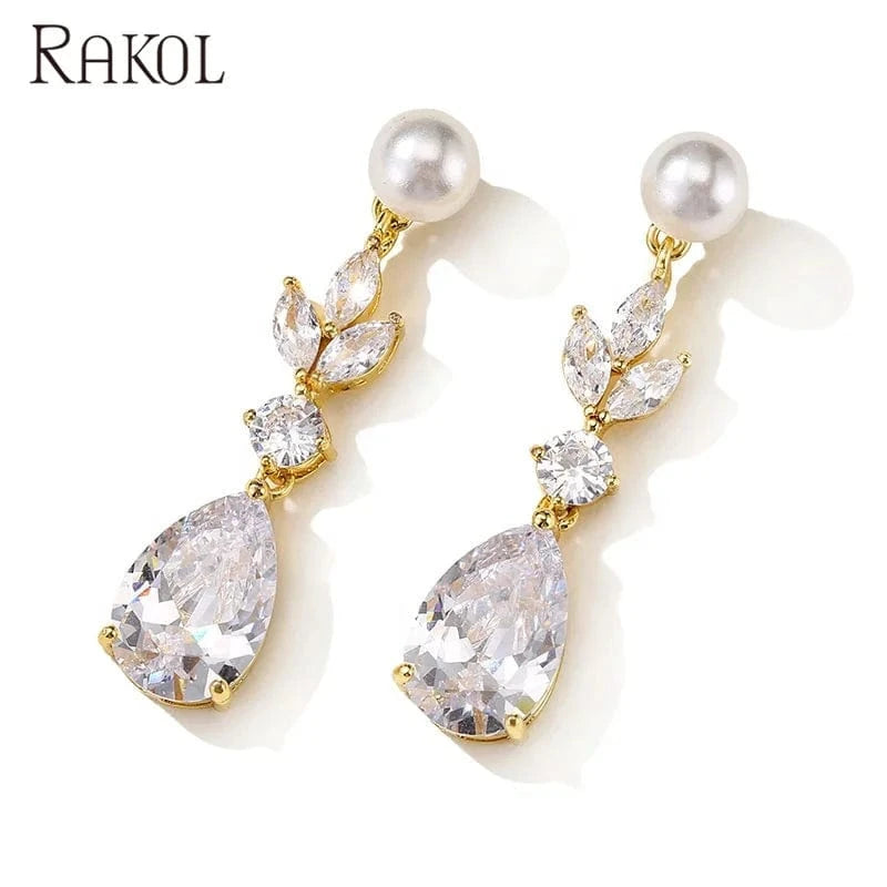 RAKOL EP2724 luxury women's long dangle cubic zirconia pearl studs earrings jewelry women gold plated earrings 18k