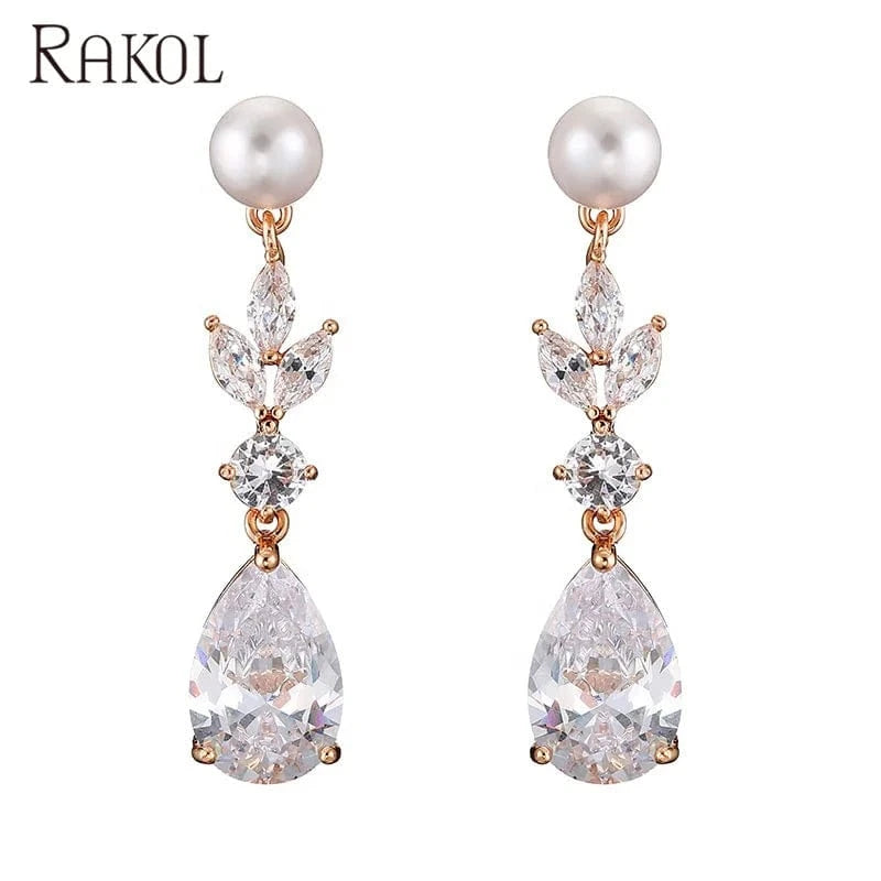 RAKOL EP2724 luxury women's long dangle cubic zirconia pearl studs earrings jewelry women gold plated earrings 18k