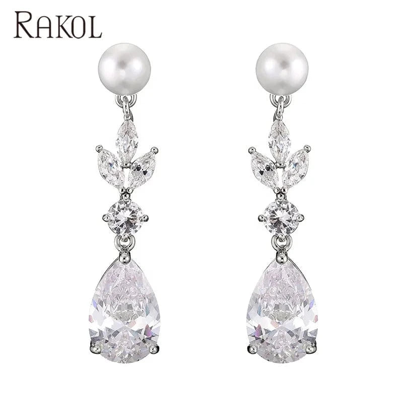RAKOL EP2724 luxury women's long dangle cubic zirconia pearl studs earrings jewelry women gold plated earrings 18k