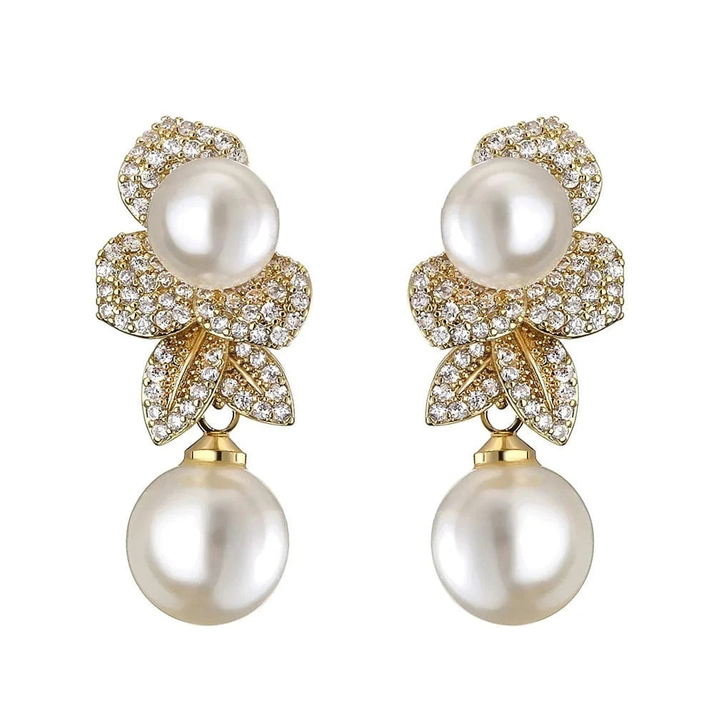 RAKOL EP2860 luxury drop gold plated  leaf rhinestone  pearl earrings women  bridal  pearl earrings jewelry 2022