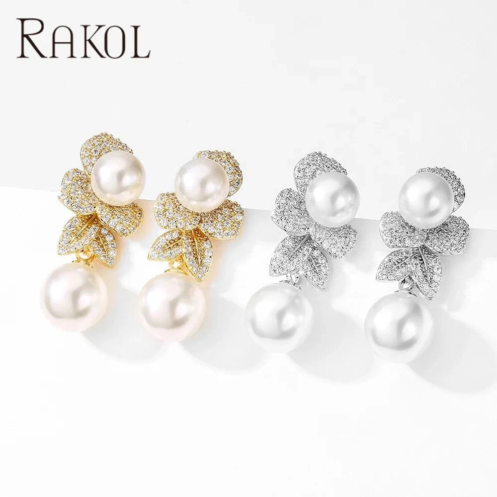 RAKOL EP2860 luxury drop gold plated  leaf rhinestone  pearl earrings women  bridal  pearl earrings jewelry 2022