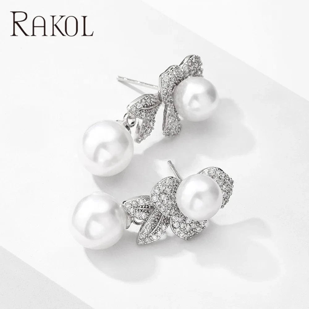 RAKOL EP2860 luxury drop gold plated  leaf rhinestone  pearl earrings women  bridal  pearl earrings jewelry 2022