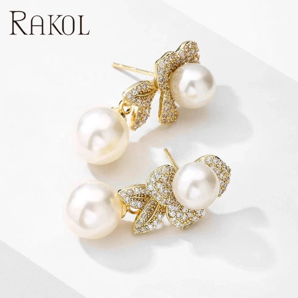 RAKOL EP2860 luxury drop gold plated  leaf rhinestone  pearl earrings women  bridal  pearl earrings jewelry 2022