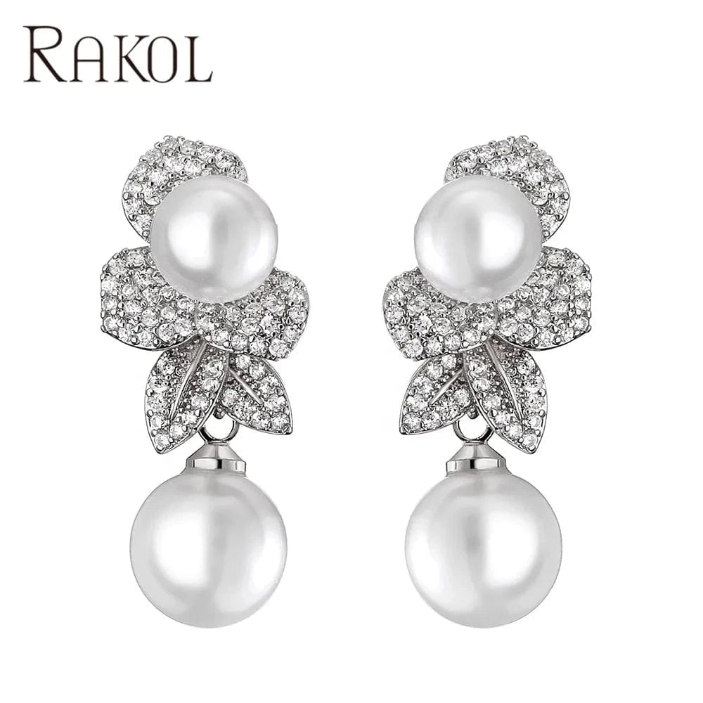 RAKOL EP2860 luxury drop gold plated  leaf rhinestone  pearl earrings women  bridal  pearl earrings jewelry 2022
