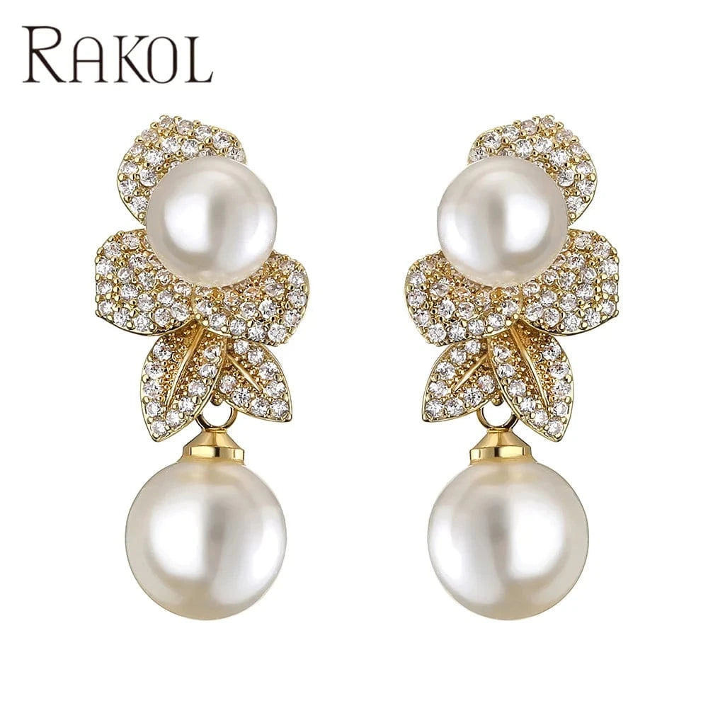 RAKOL EP2860 luxury drop gold plated  leaf rhinestone  pearl earrings women  bridal  pearl earrings jewelry 2022