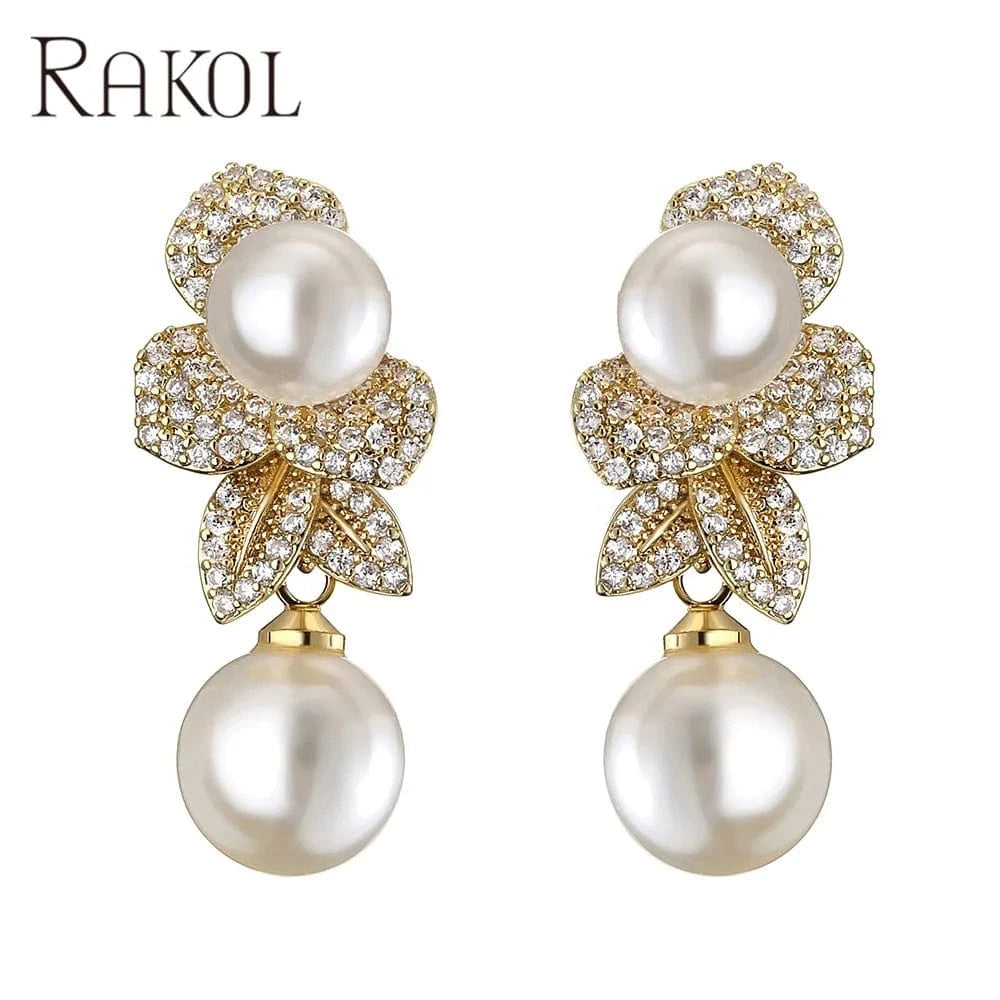 RAKOL EP2860 luxury drop gold plated  leaf rhinestone  pearl earrings women  bridal  pearl earrings jewelry 2022