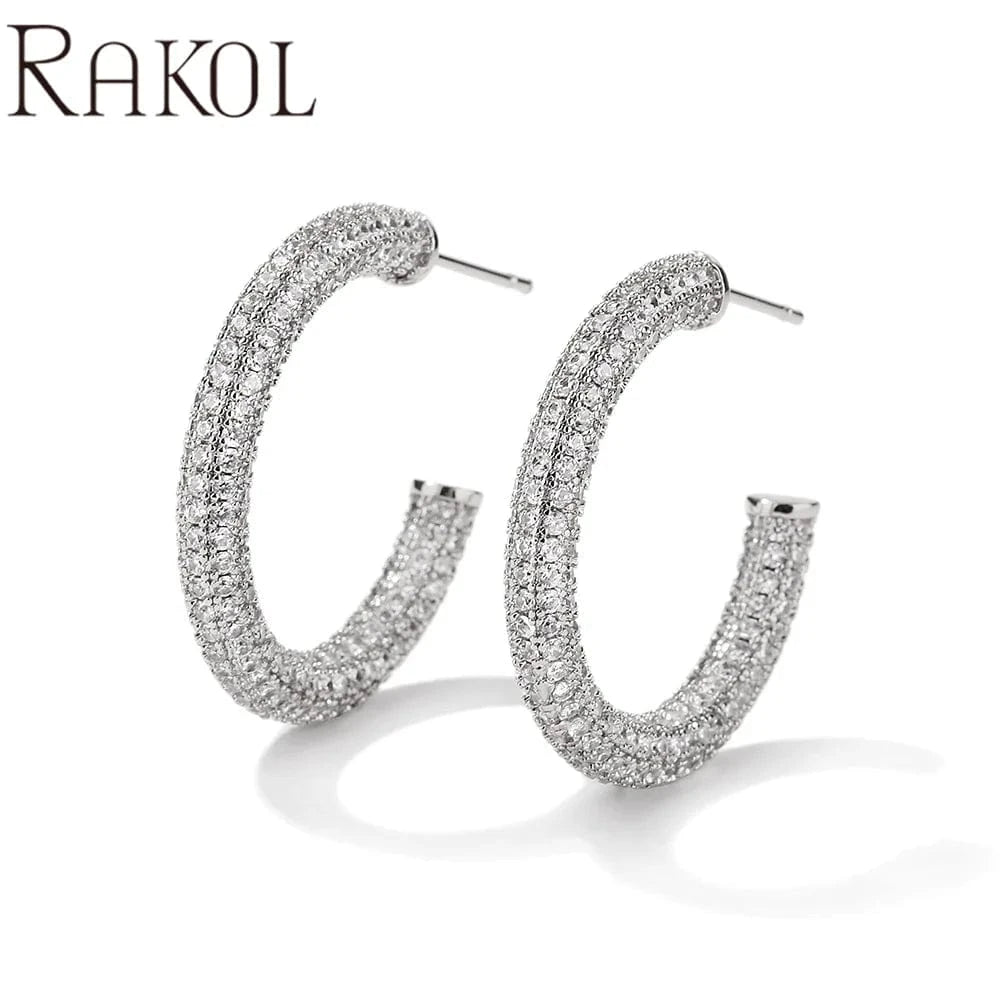 RAKOL EP2916-M Ladies' new fashion shining crystal CC custom gold plated stainless steel hoop earrings