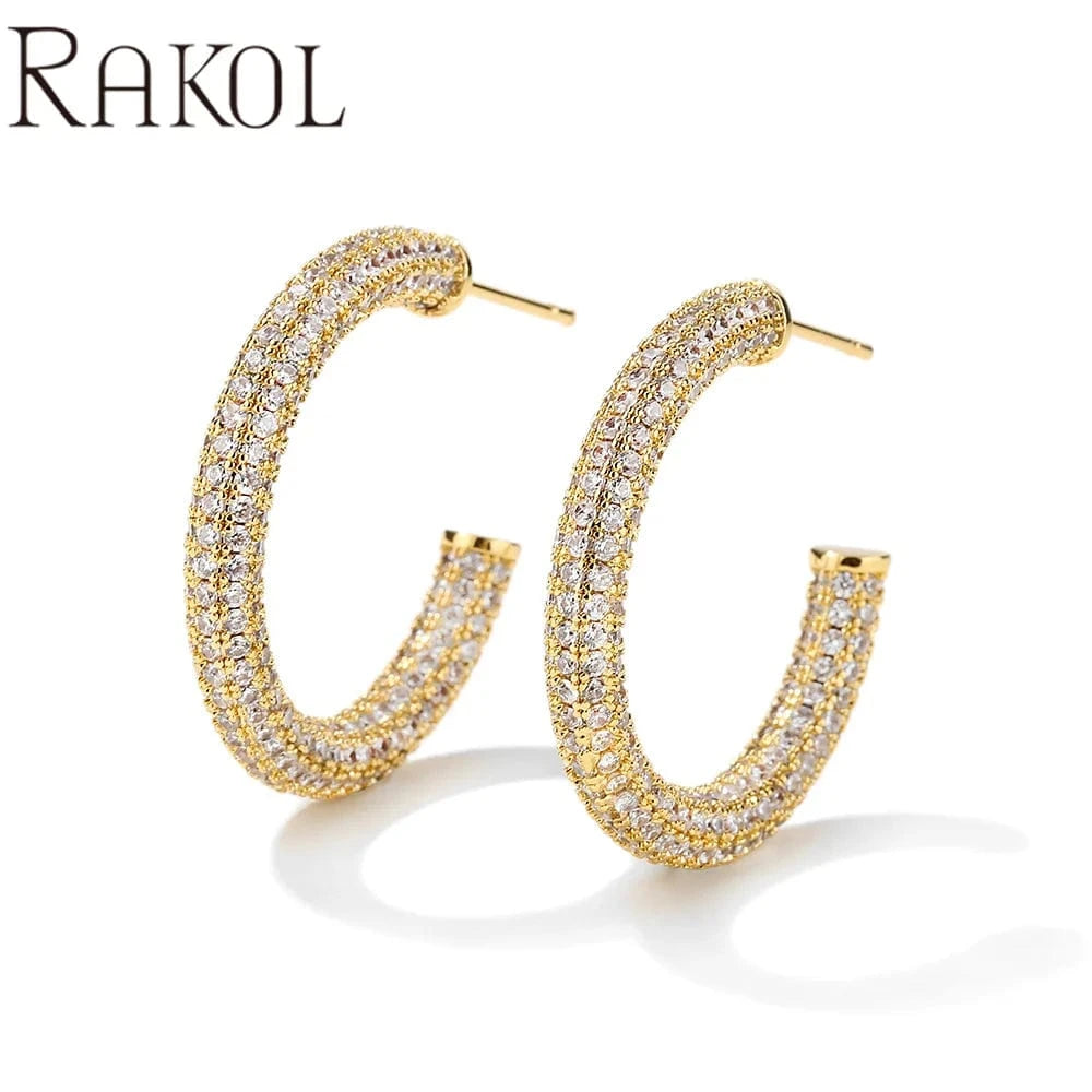 RAKOL EP2916-M Ladies' new fashion shining crystal CC custom gold plated stainless steel hoop earrings