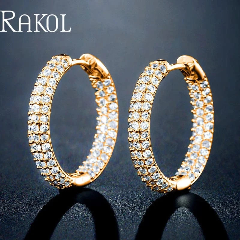 RAKOL EP2916-M Ladies' new fashion shining crystal CC custom gold plated stainless steel hoop earrings