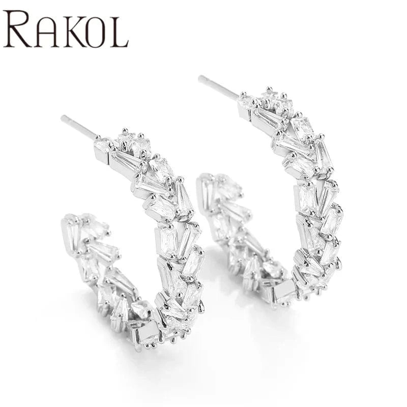 RAKOL EP2916-M Ladies' new fashion shining crystal CC custom gold plated stainless steel hoop earrings