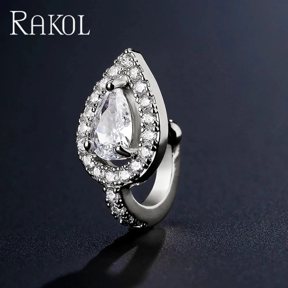 RAKOL EP2929 Korean fashion tear drop shape shining crystal cubic zirconia non piercing easy wearing cuff earrings for women