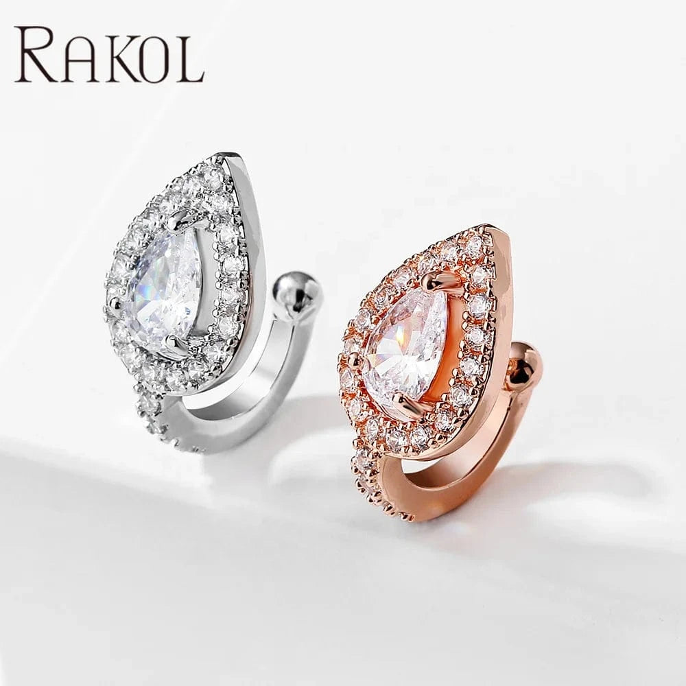 RAKOL EP2929 Korean fashion tear drop shape shining crystal cubic zirconia non piercing easy wearing cuff earrings for women