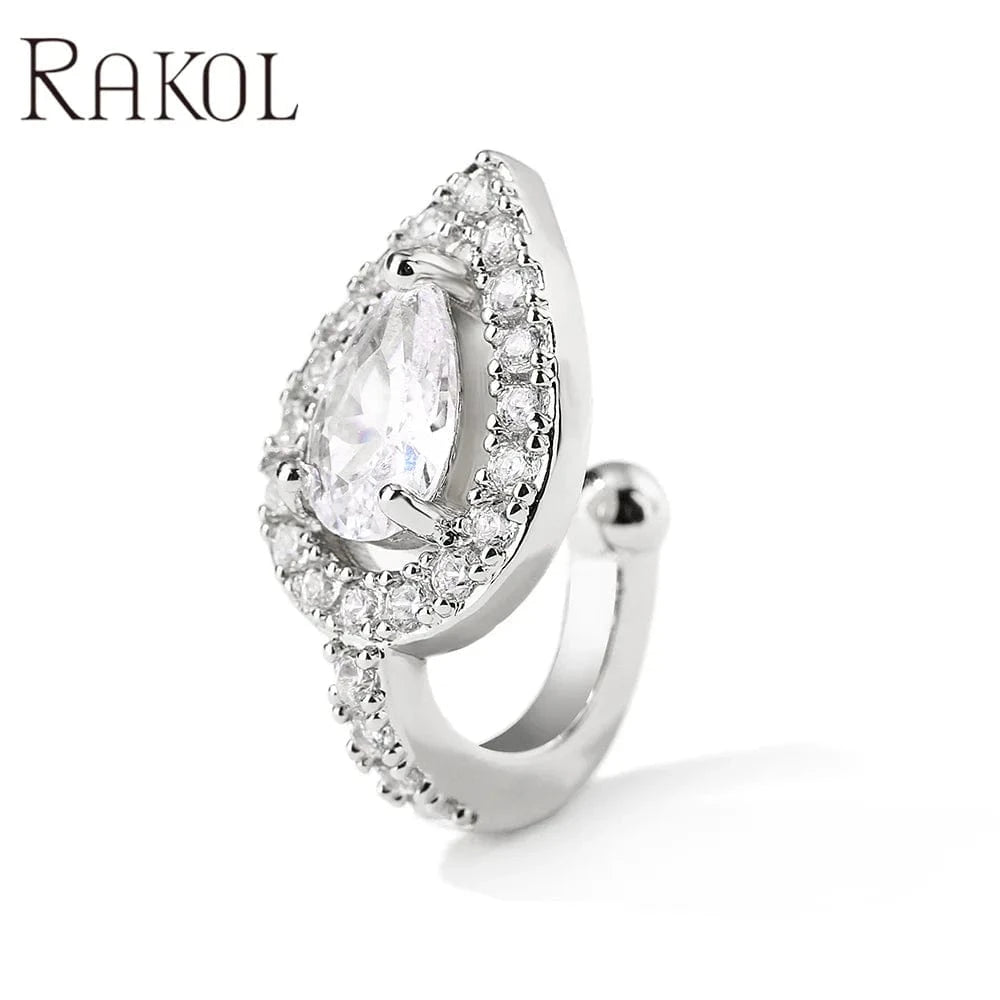 RAKOL EP2929 Korean fashion tear drop shape shining crystal cubic zirconia non piercing easy wearing cuff earrings for women