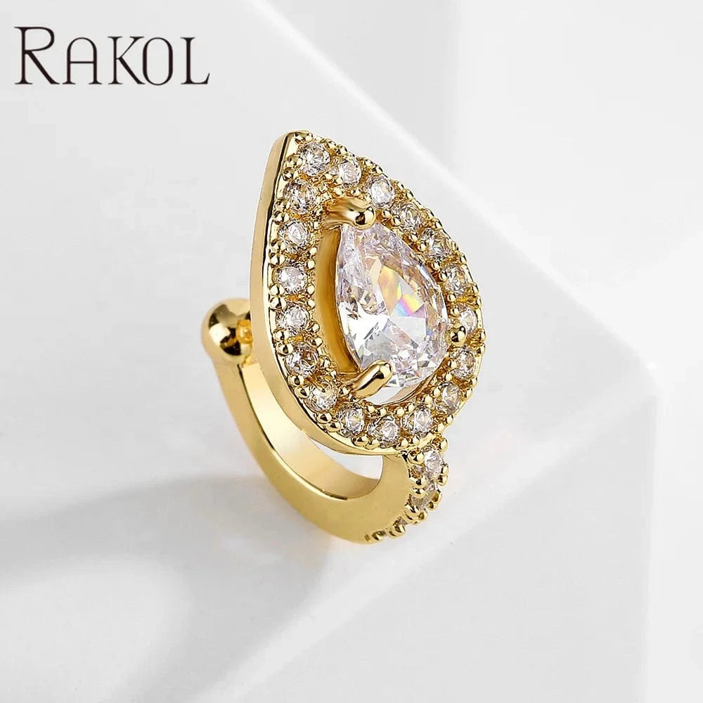 RAKOL EP2929 Korean fashion tear drop shape shining crystal cubic zirconia non piercing easy wearing cuff earrings for women