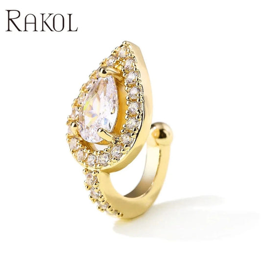 RAKOL EP2929 Korean fashion tear drop shape shining crystal cubic zirconia non piercing easy wearing cuff earrings for women