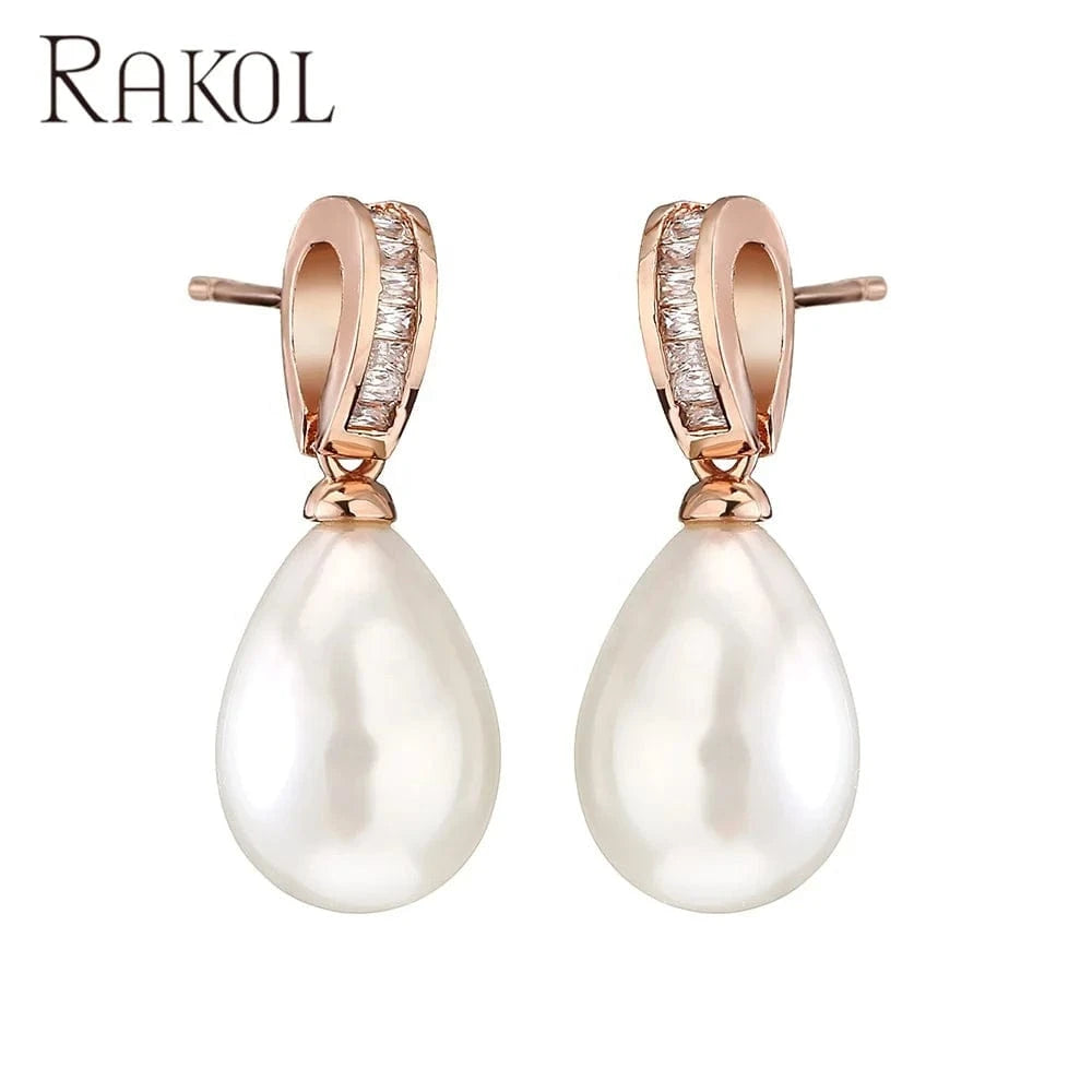 Rakol EP2960 Fine Designer Hoop Earrings Women 2022 Small Gold Plated Zircon Crystal Pearl Wedding Bridal Earrings